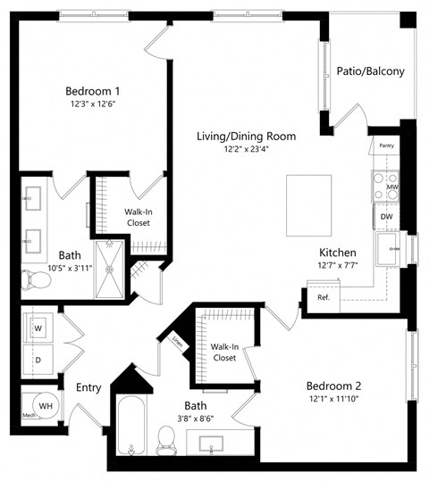 Floor plan for 2 beds, 2 baths, 1044 sqft